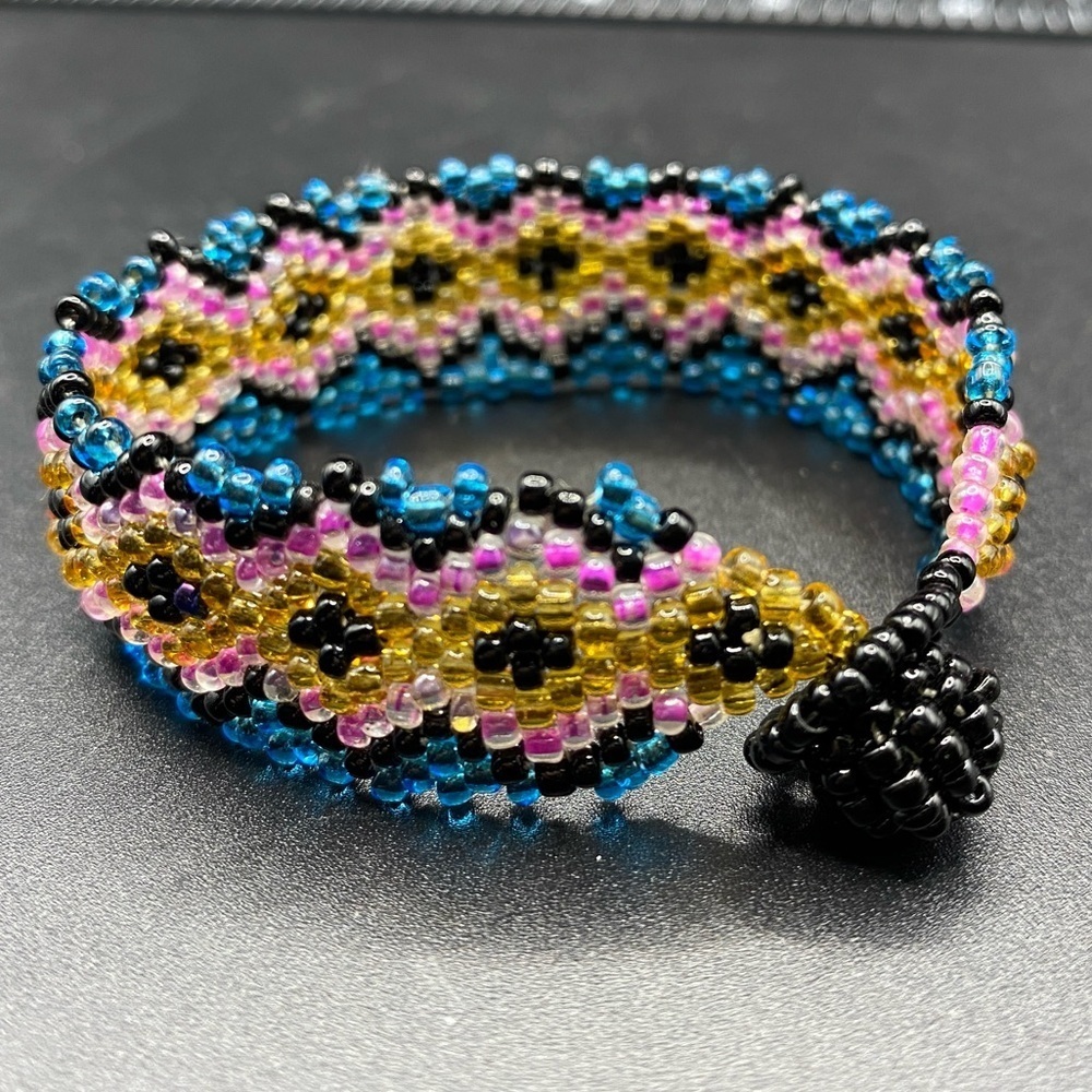 Seed Bead Band Bracelet Artisan Crafted Blue Pink